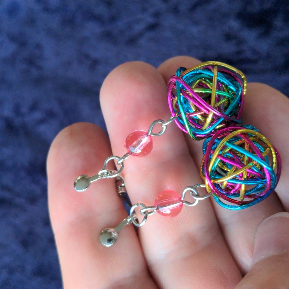 Vintage Disco Clip on Dangle Earrings, Handmade With Rainbow Wire